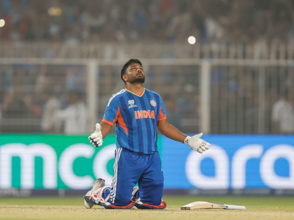 Sanju Samson displaying his batting form and stillness during the T20 World Cup quarter-final against West Indies