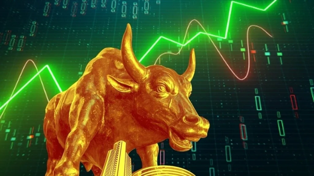 Bombay Stock Exchange building showing early gains as Sensex and Nifty open green.