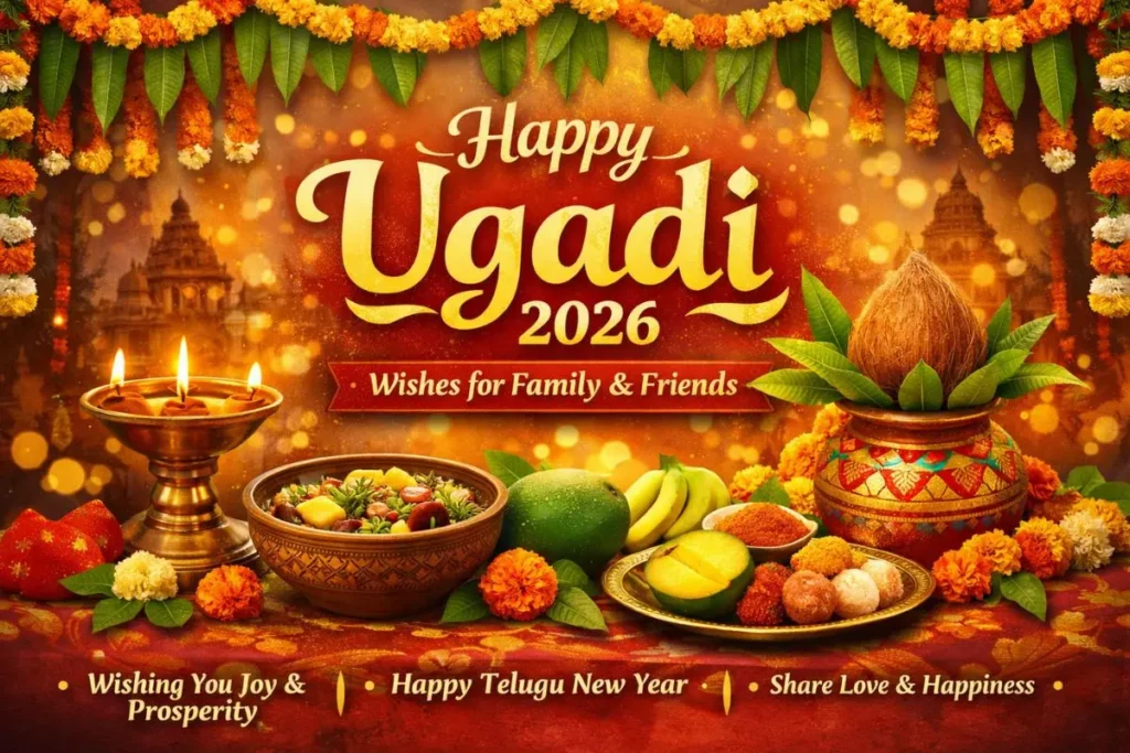 Traditional Ugadi Pachadi bowl with neem and mango leaves for Happy Ugadi 2026 wishes.