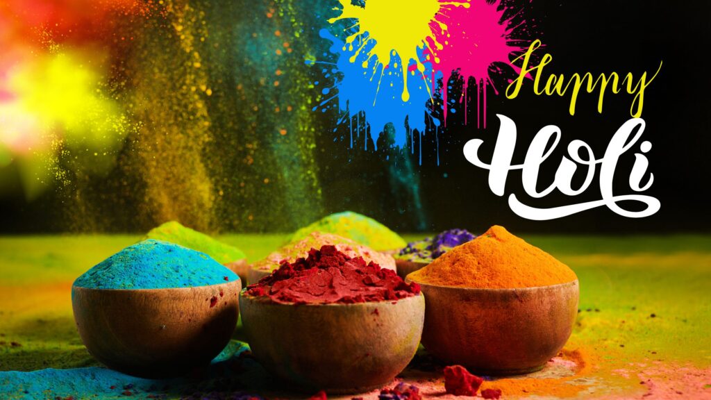 Traditional plate with organic colors and sweets for Happy Holi 2026 wishes.