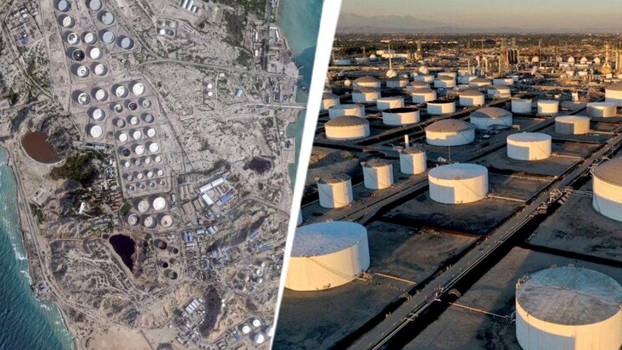 Map and facilities of Kharg Island in the Persian Gulf amid US strikes on Iran oil hub.