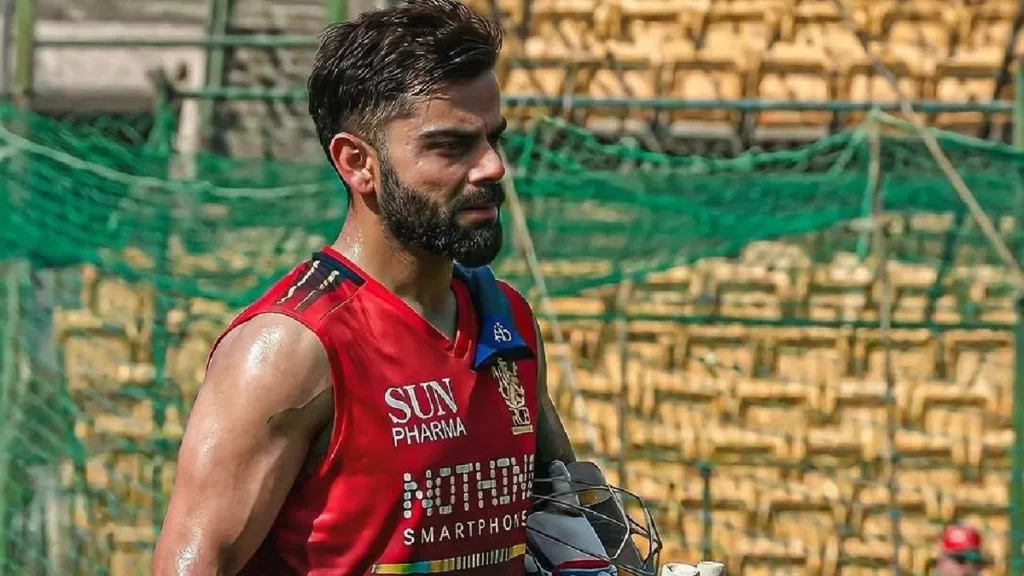 Virat Kohli practicing in nets ahead of RCB vs SRH IPL 2026 match at Chinnaswamy Stadium.