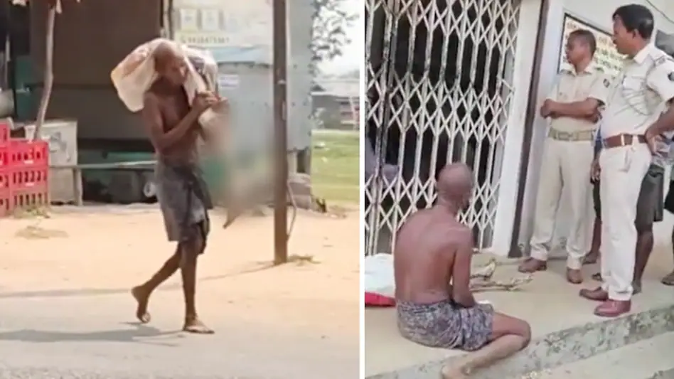 A man carrying skeletal remains of his sister to a bank for money withdrawal, highlighting administrative issues.
