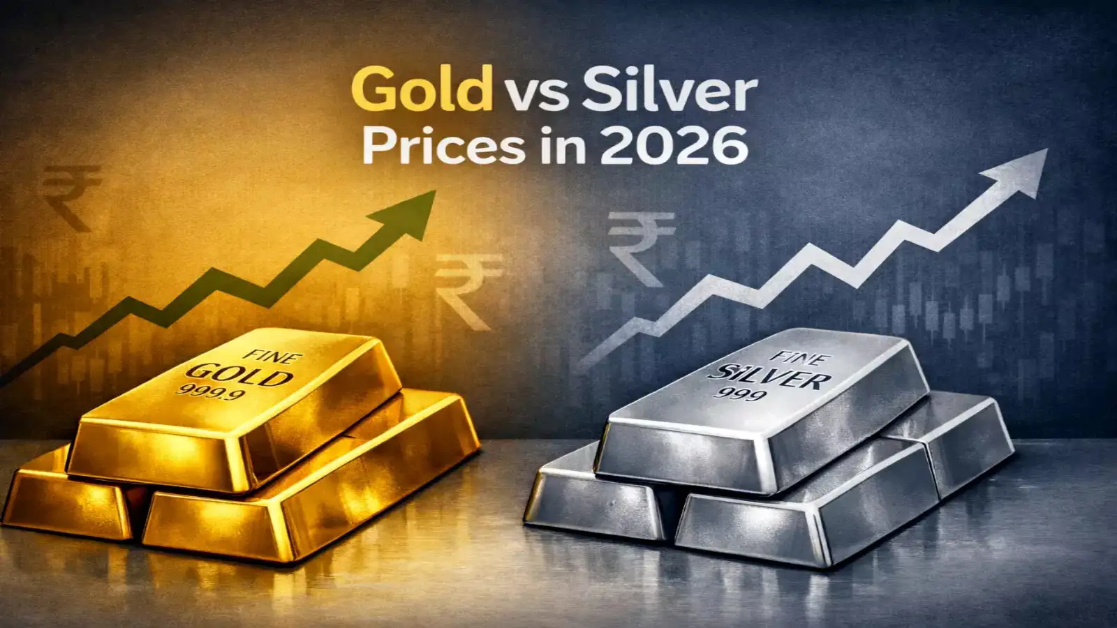 Gold and silver bars on price ticker background with 2026 market trends.
