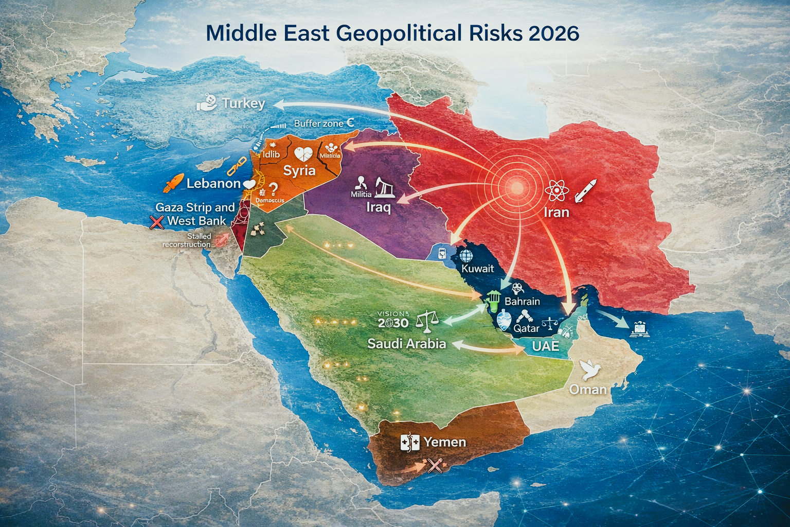 Conceptual map of Iran-Israel conflict with military drones and missiles illustration.