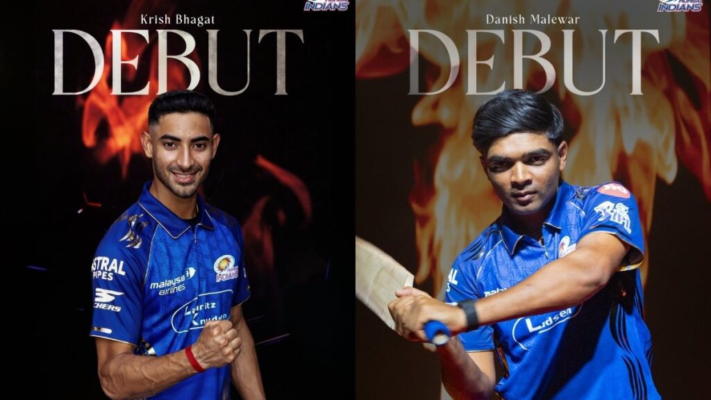 Mumbai Indians debutants Krish Bhagat and Danish Malewar during IPL 2026 match against Gujarat Titans