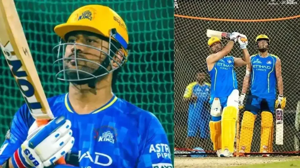 MS Dhoni batting in CSK practice nets at Chepauk Stadium ahead of KKR match.