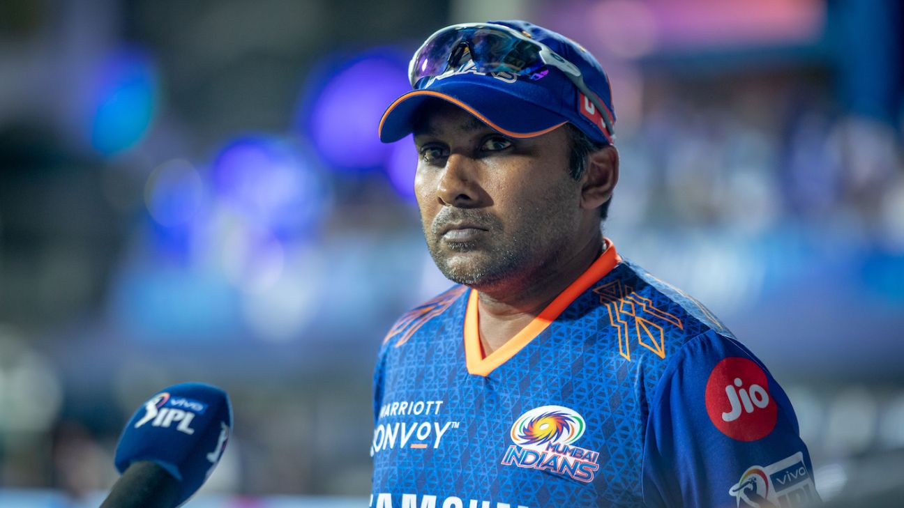 Mahela Jayawardene speaking at a press conference before MI vs DC IPL 2026 match.