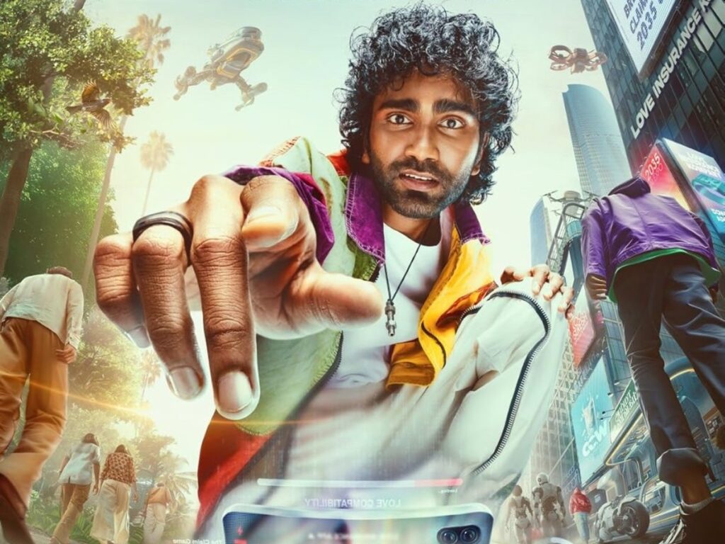 Movie still showing lead actors in a futuristic setting from Love Insurance Kompany.