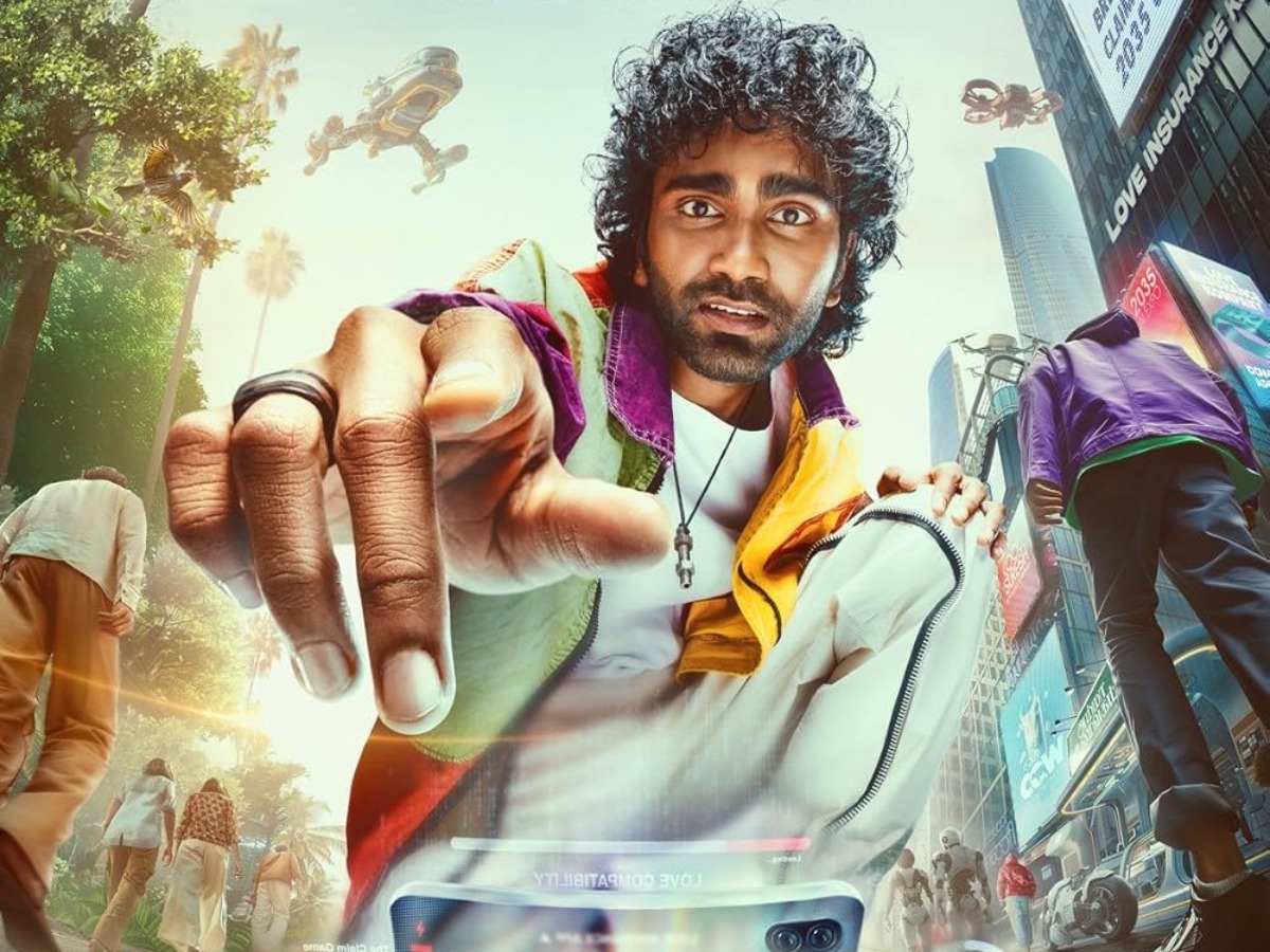 Movie still showing lead actors in a futuristic setting from Love Insurance Kompany.