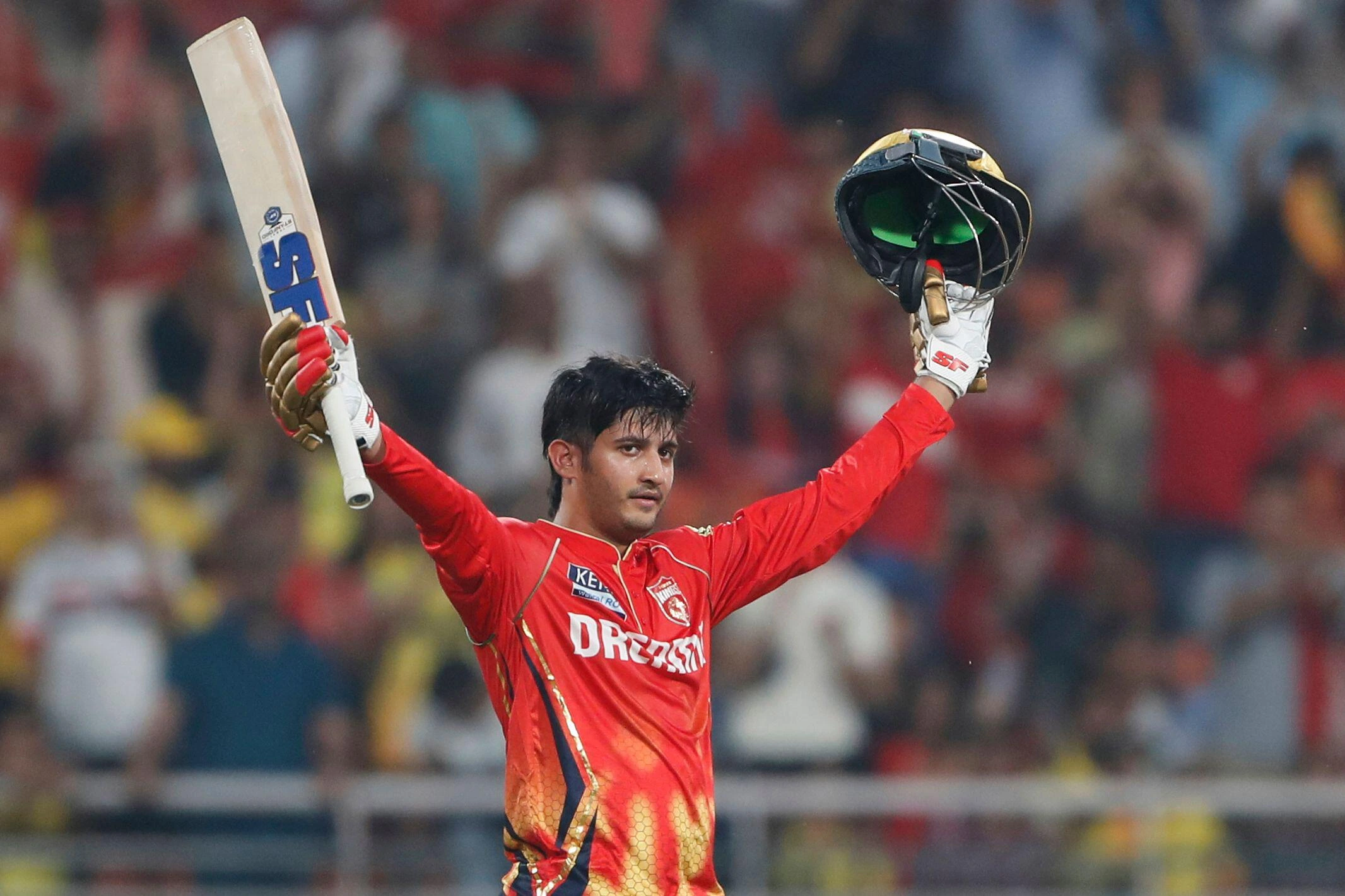 Priyansh Arya hitting a six during his record fastest century in Delhi Premier League 2026.