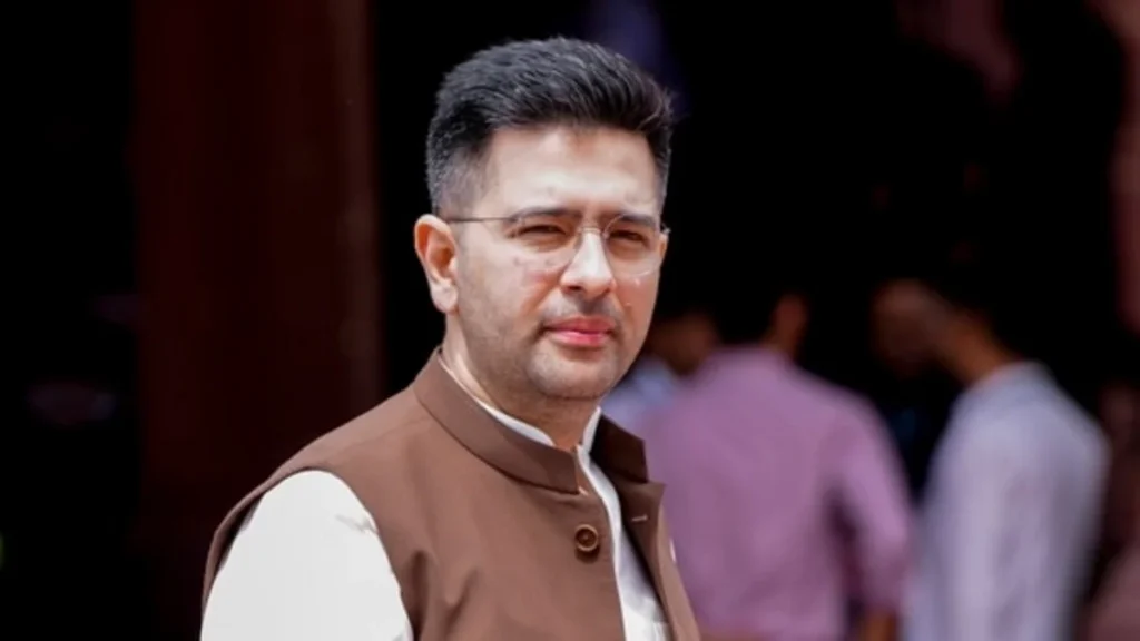 Raghav Chadha at BJP headquarters after joining with other AAP MPs.