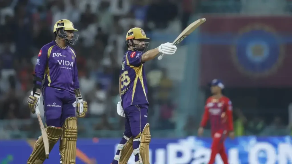 Rinku Singh playing a shot during his match-winning innings of 83 runs off 51 balls against RCB.