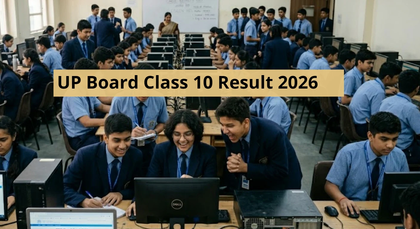UP Board student checking 10th 12th result marksheet on laptop screen