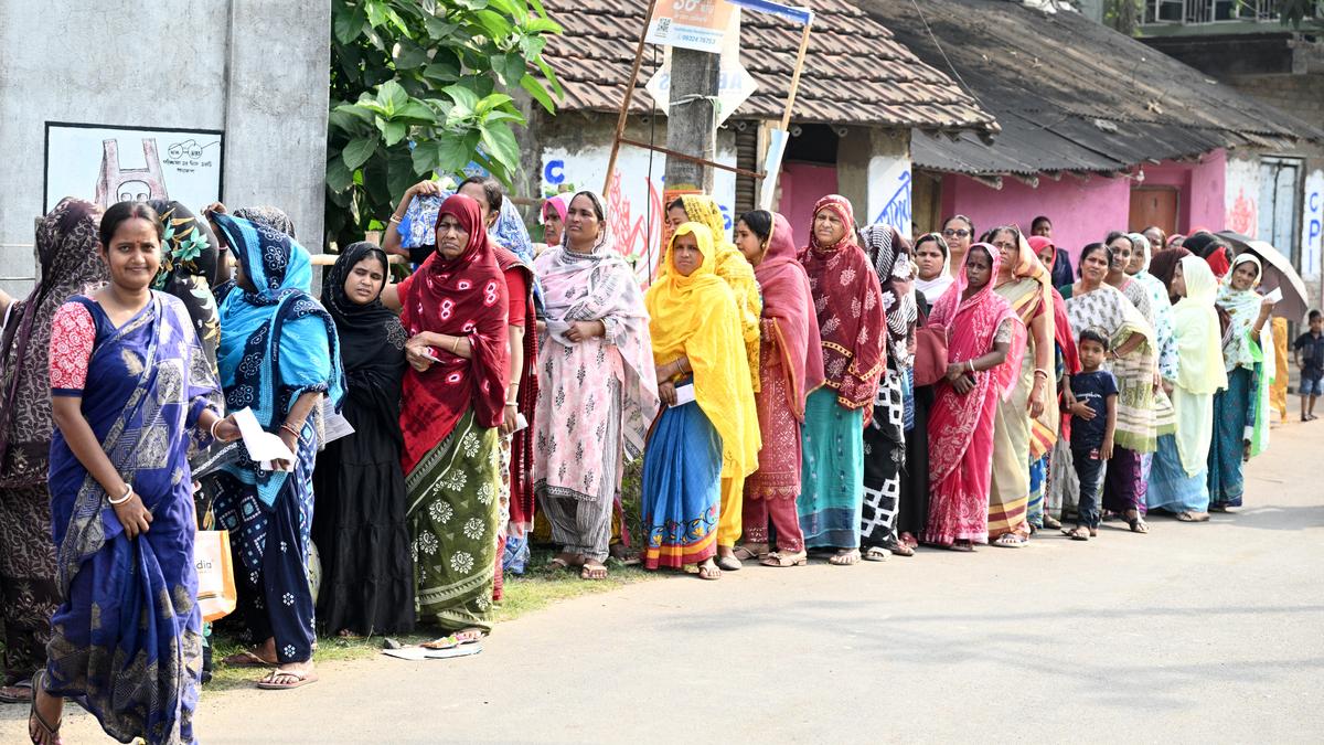 Police personnel and voters outside a polling booth in Bhawanipur during West Bengal Phase 2 Polling 2026.