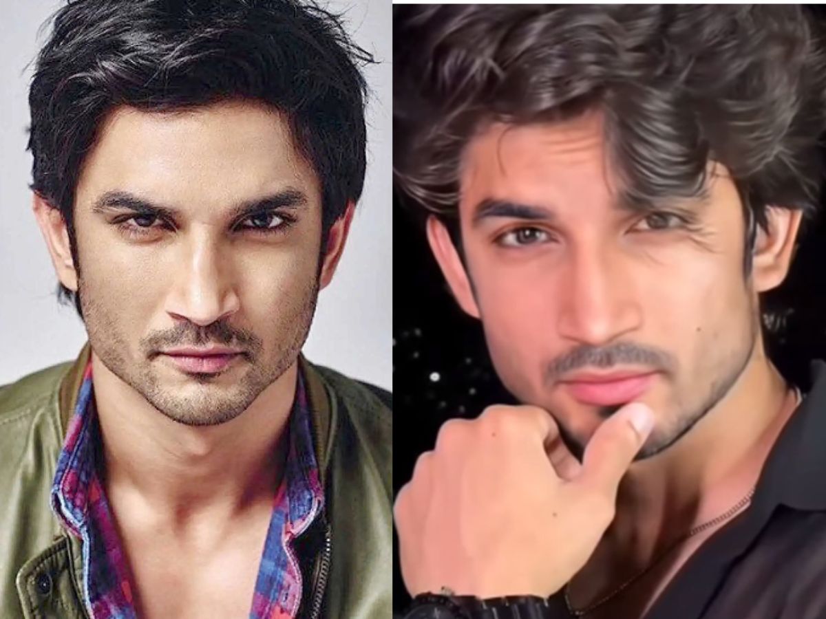 A split screen showing actor Sushant Singh Rajput and his viral lookalike from the video.