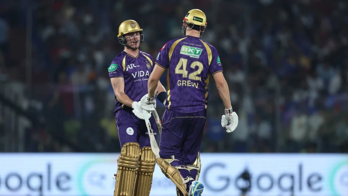 Finn Allen celebrating century and Sunil Narine bowling in KKR vs DC match.