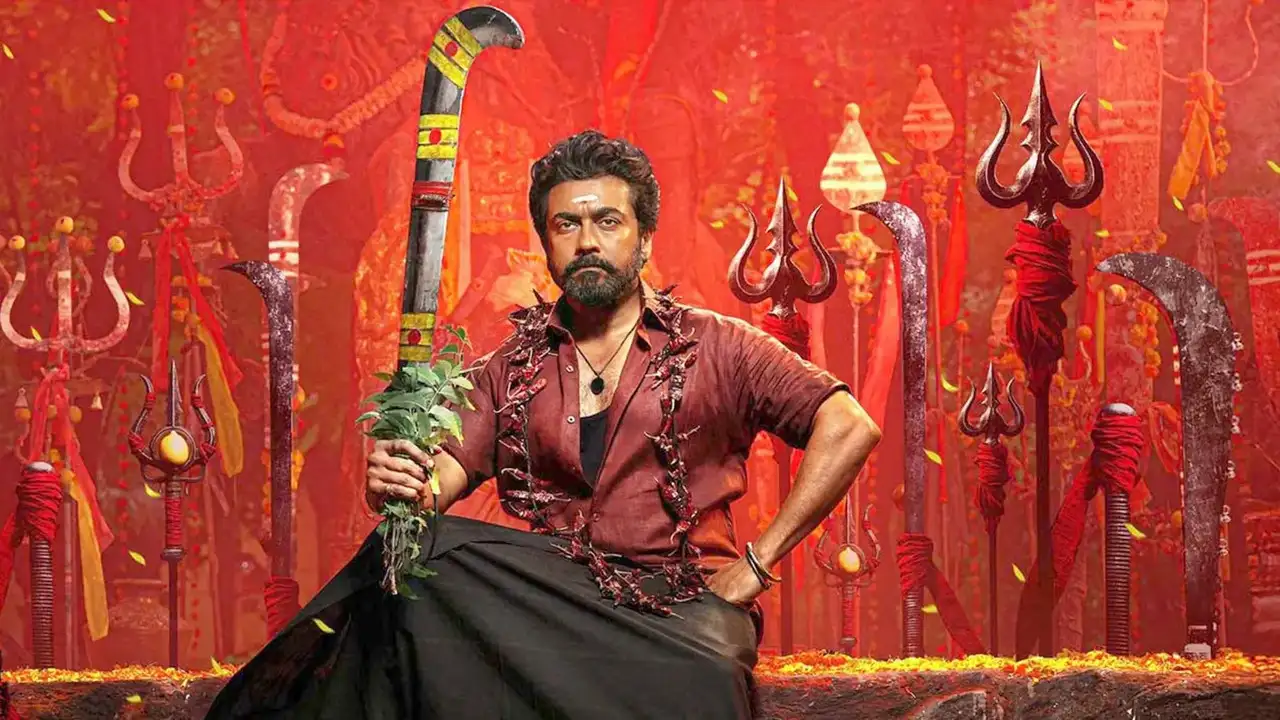 Suriya and Trisha Krishnan in Karuppu movie poster with review text