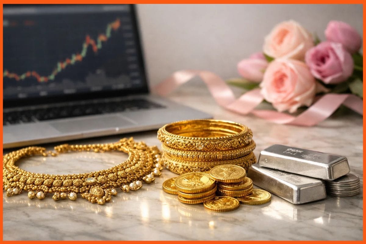 A close-up shot of 24K gold biscuits and 999 silver bars representing current market trends in India.