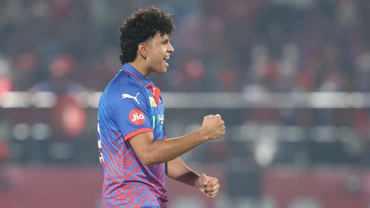 Madhav Tiwari bowling for Delhi Capitals against Punjab Kings in IPL 2026 Dharamsala match.
