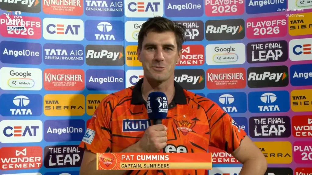 Pat Cummins looking disappointed during post match press conference after IPL 2026 Eliminator