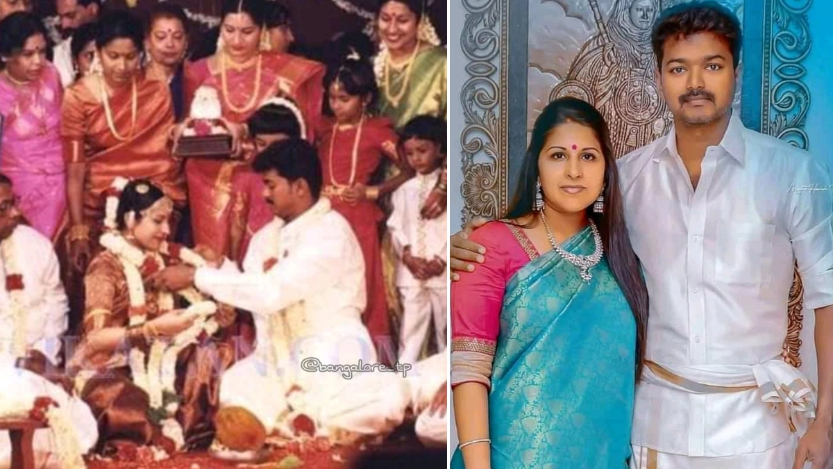South Indian actor and TVK leader Thalapathy Vijay with wife Sangeetha Sornalingam.