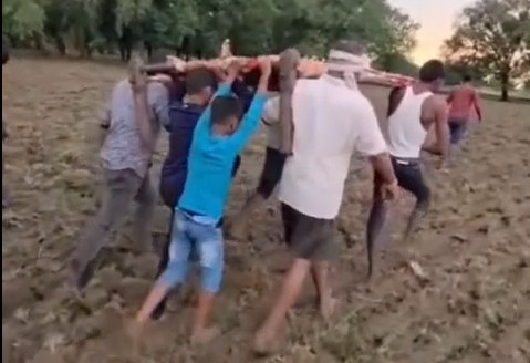 Helpless life carried on a cot in Rewa due to the lack of a road.