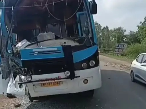 Horrific collision between a speeding bus and a truck on the Satna-Chitrakoot highway.