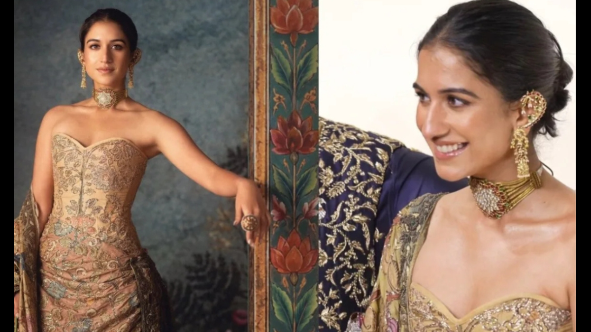 Radhika Merchant's golden look; corset style grabs attention.