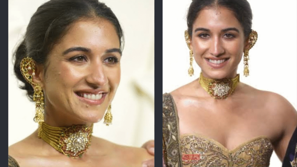 Radhika Merchant golden look; corset style grabs attention.